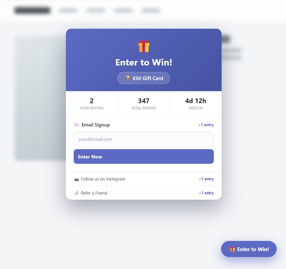 A contest widget on a storefront: prize, entry count, countdown, email signup and bonus actions